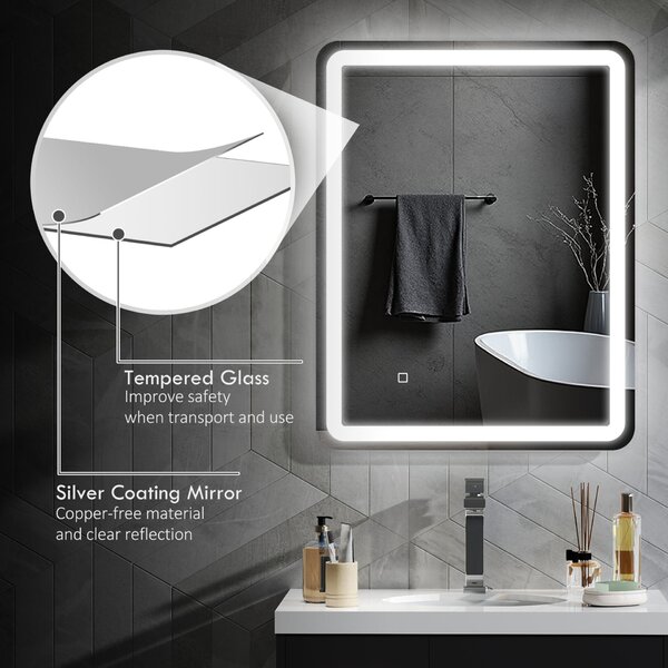 HOMCOM Oglindă de Baie LED Touch cu Lumină Dimmabilă, la 3 Temperaturi și Antiaburire, 70x90 cm