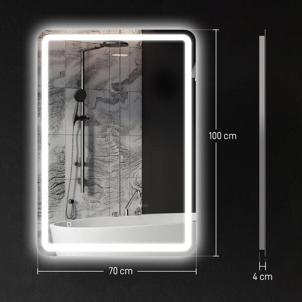 HOMCOM Fürdőszobai Tükör Érintőkapcsolóval, 3 Fényszínű LED-világítással és Páramentesítővel, 70x100 cm