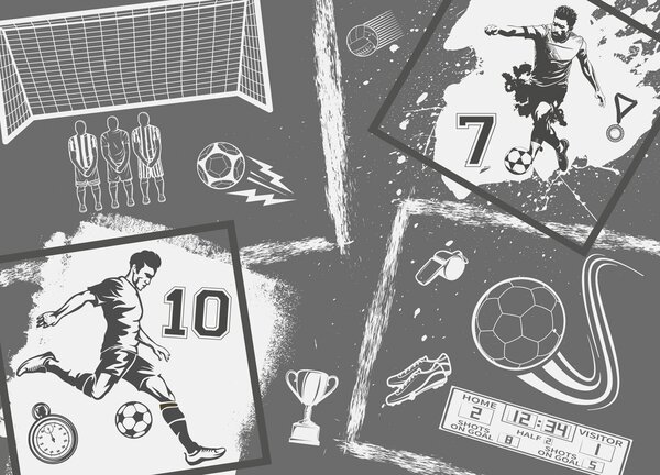 Fotótapéta Labdarúgók, labda és egyéb futball attribútumok szürke, Fotótapéta tini szoba, Fotótapéta tini szoba futball, w03122v1 : Uwalls.hu