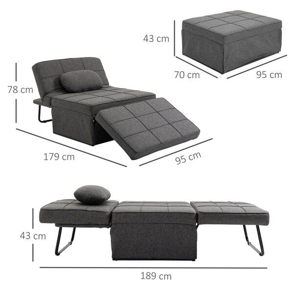 HOMCOM 3 az 1-ben egyszemélyes puff-ágy 5 fokozatban állítható háttámlával és kiegészítő párnával, 95x179x78 cm, Szürke
