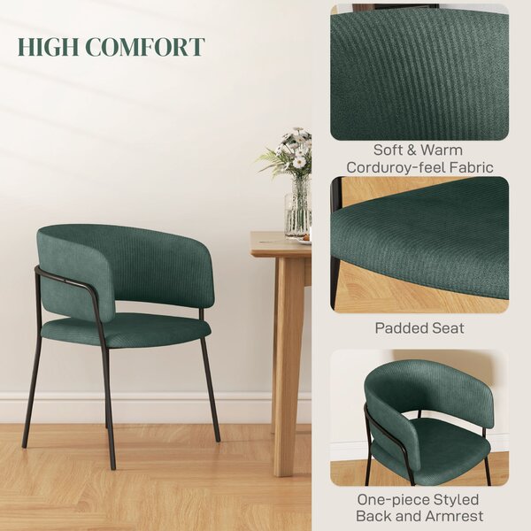 HOMCOM Set 2 Scaune pentru Bucătărie Tapițate, din Țesătură cu Aspect Catifea și Oțel, 57x53x73 cm, Verde