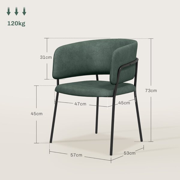 HOMCOM Set 2 Scaune pentru Bucătărie Tapițate, din Țesătură cu Aspect Catifea și Oțel, 57x53x73 cm, Verde
