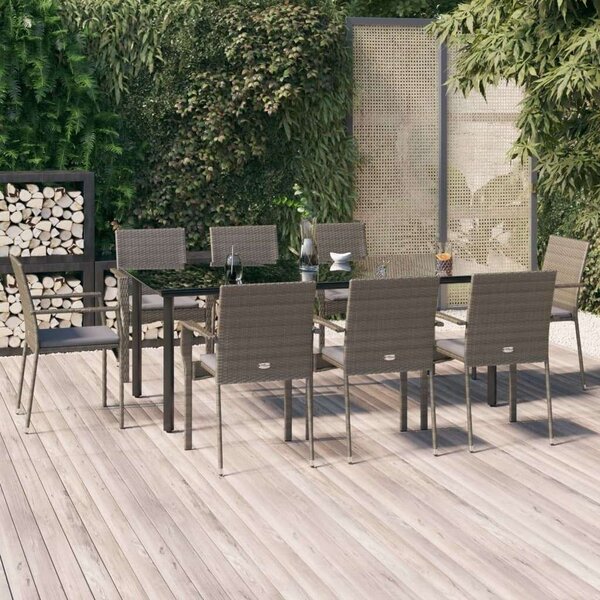 VidaXL 9 részes fekete és szürke polyrattan kerti étkezőszett párnával