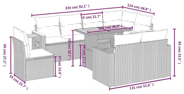 VidaXL Polyrattan Kerti Ülőgarnitúra - 9 részes - Fekete