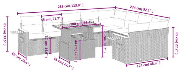 VidaXL 10 részes fekete polyrattan kerti ülőgarnitúra párnákkal