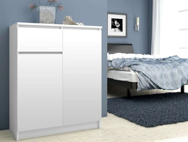 Akord - Fehér Komód K80 2D 1SZ CLP - 80x99x40 cm - 1 Fiók, 2 Ajtó, 4 Polc, Laminált Lap, ABS Él, Összeszerelhető Bútor