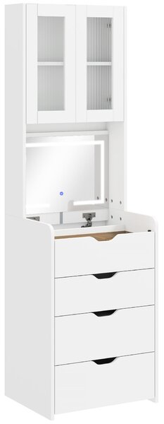 HOMCOM Masă de Toaletă pentru Machiaj cu Oglindă Iluminată și Taburet, Lumină Reglabilă, Sertare și Dulap, Alb