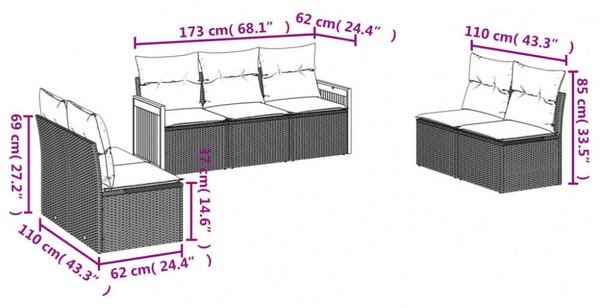 VidaXL Polyrattan Kerti Ülőgarnitúra - 7 részes - Fekete