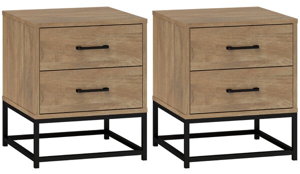 HOMCOM Set de 2 noptiere cu 2 sertare, stil industrial din lemn și oțel, culoare lemn