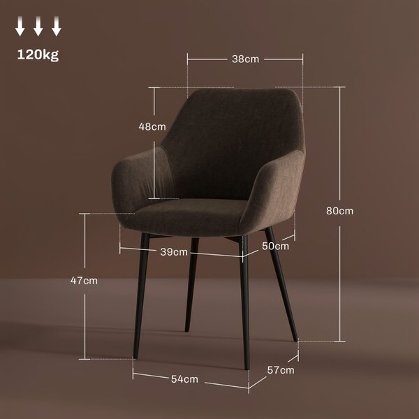 HOMCOM Set 2 Scaune de Dining Nordice Tapițate cu Brațe Curbate din Țesătură cu Efect de Catifea, 54x57x80 cm, Maro