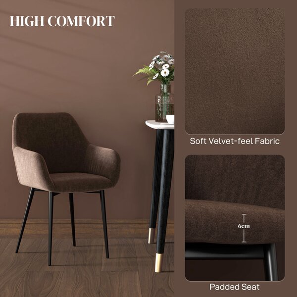 HOMCOM Set 2 Scaune de Dining Nordice Tapițate cu Brațe Curbate din Țesătură cu Efect de Catifea, 54x57x80 cm, Maro