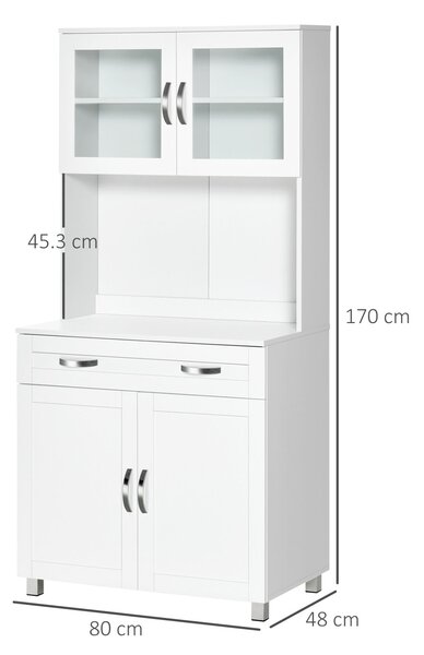HOMCOM Dulap de Bucătărie Modern cu 2 Dulapuri, Uși din Sticlă și Rafturi Reglabile, 80x48x170 cm, Alb