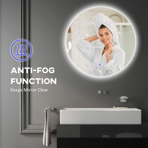 Kleankin Oglindă de Baie cu Lumină LED Reglabilă, Butoane Touch și Design Anti-Aburire, Ø80 cm