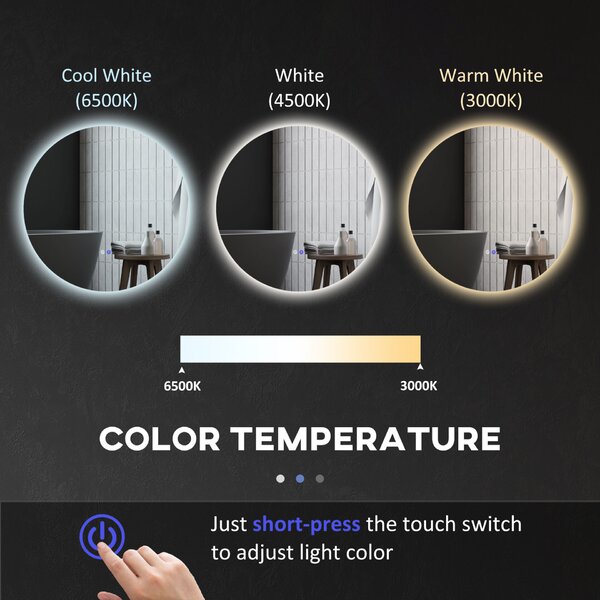 Kleankin Oglindă de Baie cu Lumină LED Reglabilă, Butoane Touch și Design Anti-Aburire, Ø80 cm