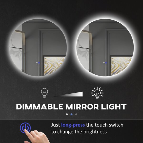 Kleankin Oglindă de Baie cu Lumină LED Reglabilă, Butoane Touch și Design Anti-Aburire, Ø80 cm