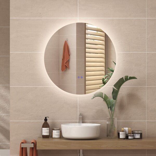Kleankin Oglindă de Baie cu Lumină LED Reglabilă, Butoane Touch și Design Anti-Aburire, Ø80 cm