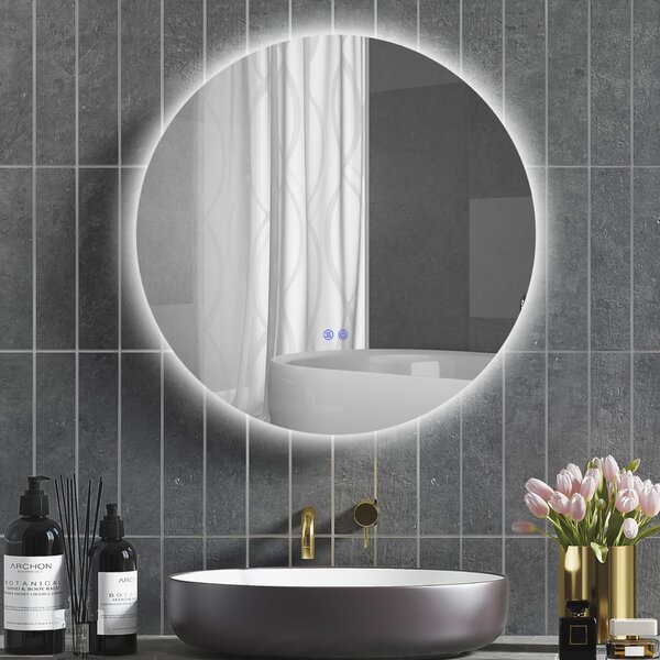 Kleankin Oglindă de Baie cu Lumină LED Reglabilă, Butoane Touch și Design Anti-Aburire, Ø80 cm