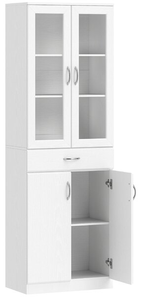 HOMCOM Servantă Bucătărie cu 2 Dulapuri și un Sertar, Rafturi Reglabile și Uși din Sticlă, 60x35x180 cm, Alb