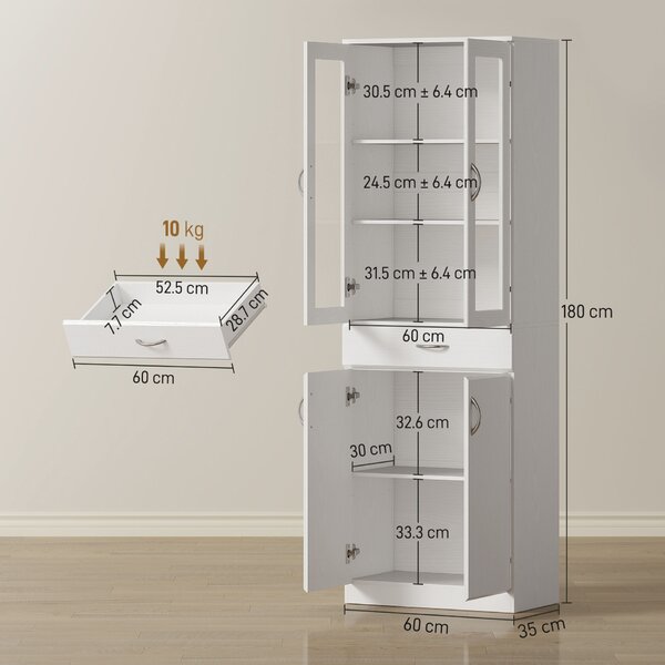 HOMCOM Servantă Bucătărie cu 2 Dulapuri și un Sertar, Rafturi Reglabile și Uși din Sticlă, 60x35x180 cm, Alb
