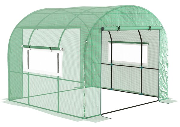 Outsunny Polietilén Alagút Üvegház Guruló Ajtókkal és Hálós Ablakokkal, UV-álló PE Borítással és Acél Vázzal, Zöld, 1,8x1,8x2 m
