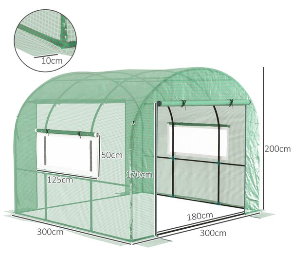 Outsunny Polietilén Alagút Üvegház Guruló Ajtókkal és Hálós Ablakokkal, UV-álló PE Borítással és Acél Vázzal, Zöld, 1,8x1,8x2 m