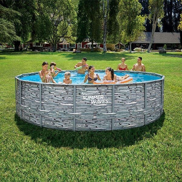 Fémlábas medence 488 cm átmérő, 122 cm magas TERMÉSKŐ mintás, belül KÉK MOZAIK mintás + homokszűrő + vízforgató + létra + aljta