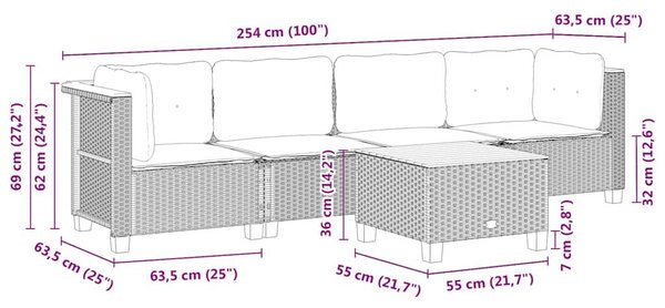 VidaXL 5 részes bézs polyrattan kerti ülőgarnitúra párnákkal