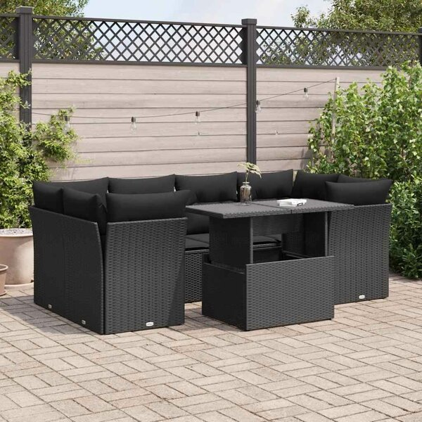 VidaXL 7 részes fekete polyrattan kerti ülőgarnitúra párnával