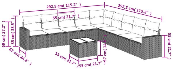 VidaXL 10 részes barna polyrattan kerti ülőgarnitúra párnákkal