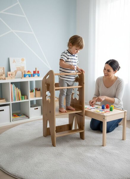 Verk Loft Premium állítható magasságú Tanulótorony, konyhai fellépő - Maci - barna