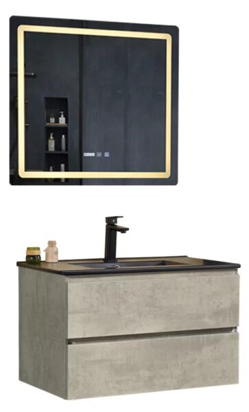 Hongkong Loft beton 80 komplett fürdőszoba bútor fali mosdószekrénnyel, fekete slim kerámia mosdóval és tükörrel