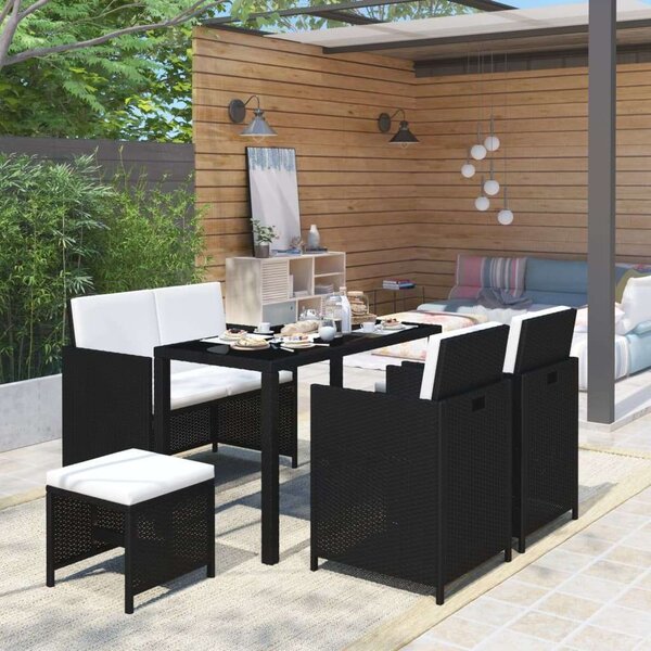 VidaXL 6-részes fekete polyrattan kültéri étkezőszett párnákkal