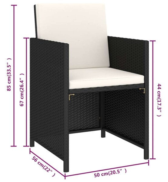 VidaXL 6-részes fekete polyrattan kültéri étkezőszett párnákkal