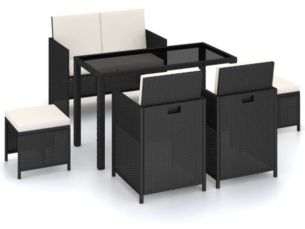 VidaXL 6-részes fekete polyrattan kültéri étkezőszett párnákkal