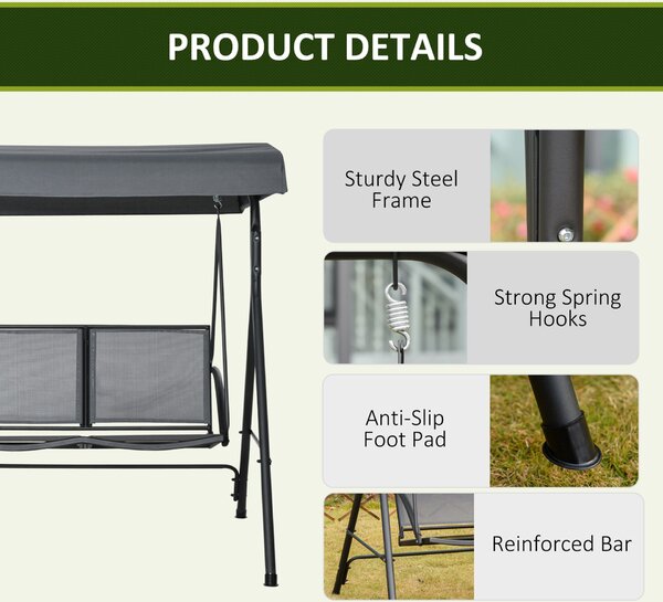 Outsunny Balansoar cu 2 Locuri de Gradina pentru Exterior cu Baldachin Reglabil si Sezuta din Textilen, 140x118x162cm Gri