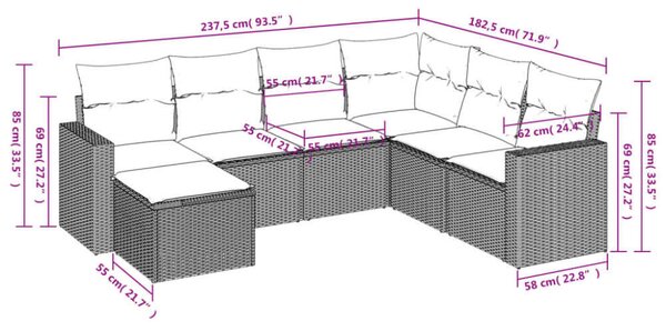 VidaXL Polyrattan Kerti Ülőgarnitúra - 7 részes - Fekete