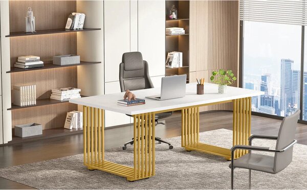 Nappali/Étkező/Irodaasztal, Konferencia modell, fényes fehér/arany, márvány utánzat, 180 cm - BlackSwan Design