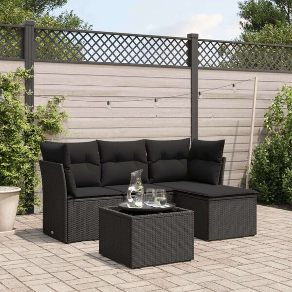 VidaXL 5 részes fekete polyrattan kerti kanapészett párnákkal