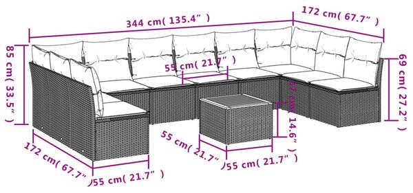 VidaXL Polyrattan Kerti Ülőgarnitúra - 11 részes - Fekete