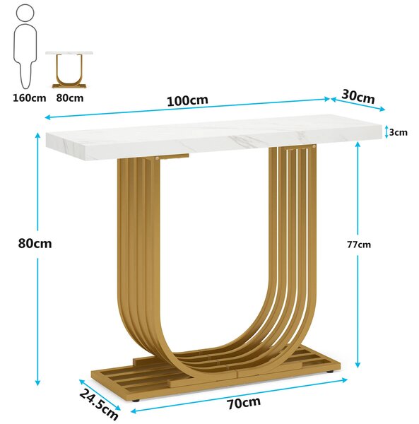 Nappali/előszoba dekorációs asztal, Baselli Model fehér/arany, márvány utánzat, 100 cm