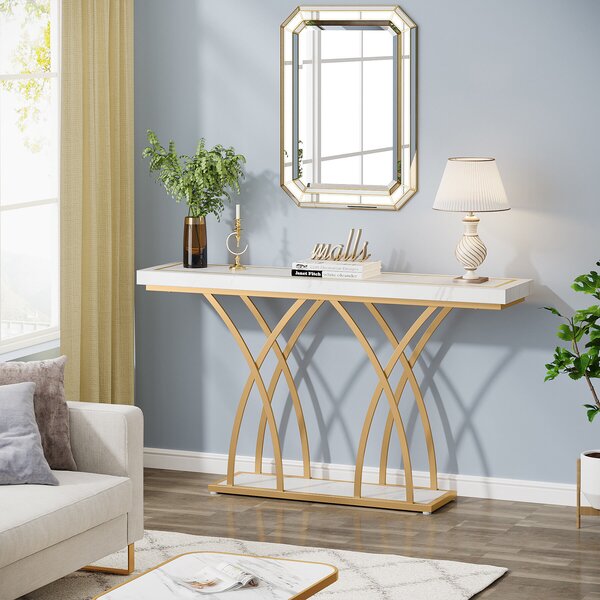 Masa Decor Living/ Hol, Model Veneer alb/ auriu, imitatie marmura, 140 cm