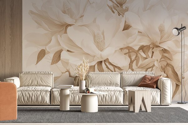 Fotótapéta Magnólia virágok fehér és bézs szirmokkal, levelekkel és barna ágakkal, lágy, Fotótapéta virágok és növények, w08886 : Uwalls.hu