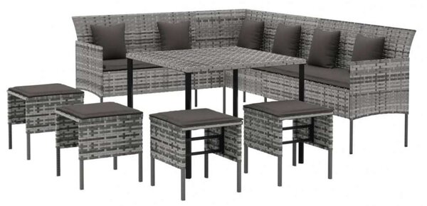 VidaXL 6-részes szürke polyrattan kerti étkezőgarnitúra párnákkal