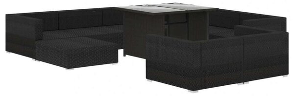 VidaXL 10-részes fekete polyrattan kerti bútorszett párnákkal