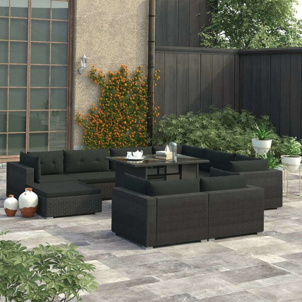 VidaXL 10-részes fekete polyrattan kerti bútorszett párnákkal