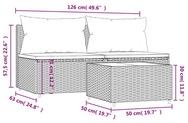 VidaXL 3 részes fekete polyrattan kerti ülőgarnitúra párnákkal