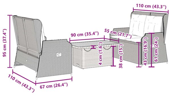 VidaXL 3 részes fekete polyrattan kerti ülőgarnitúra párnákkal