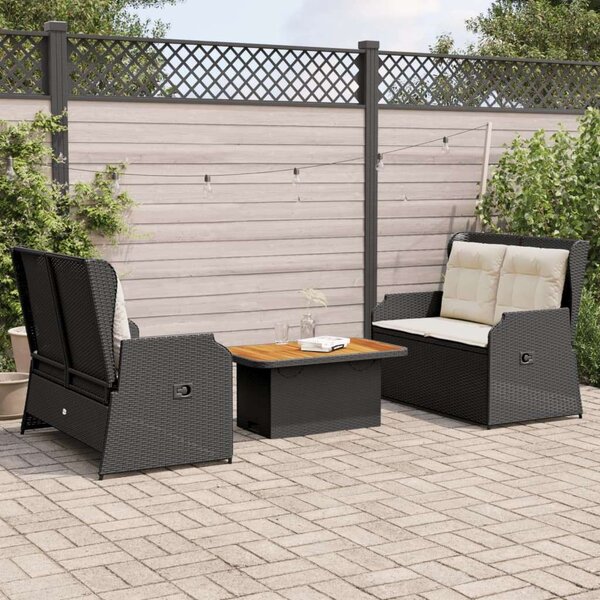 VidaXL 3 részes fekete polyrattan kerti ülőgarnitúra párnákkal
