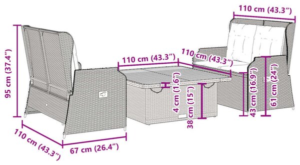 VidaXL Polyrattan Kerti Ülőgarnitúra - 3 részes - Fekete