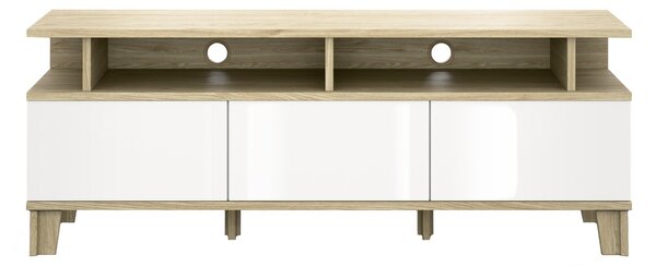 TV-állvány Evarveru 101, Laminált forgácslap, 61x165x43cm, Fényes fehér, Tölgy